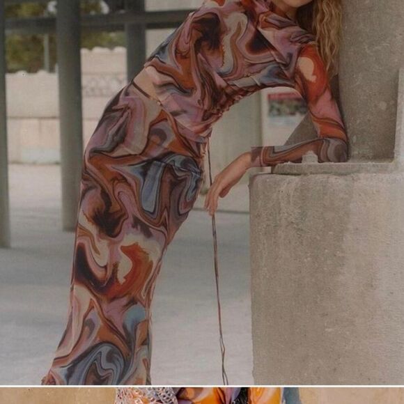 ZARA SET Printed tulle โSet Top And Skirt Organge Beige Brown Combiation - Picture 2 of 16